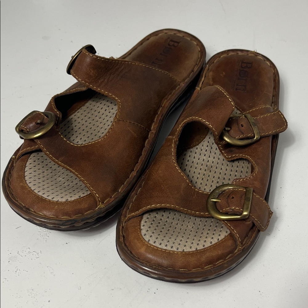 Born Brown Leather Double-Buckle Slide Sandals